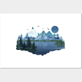 The river and the mountains by the moonlight Posters and Art